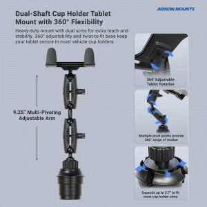 Arkon - Slim-Grip Tablet Holder w/ Double Robust Car Cup Mount | Fits Tablets From 7" to 18.4"