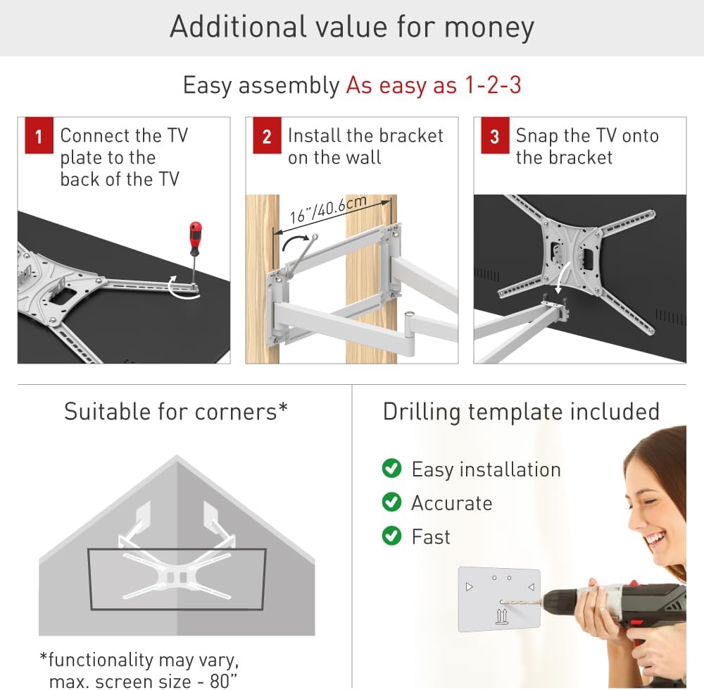 Barkan BM464XLW 13"-86" Dual Arm Full Motion Articulating TV Wall Mount with Xtra Long Arm (White)