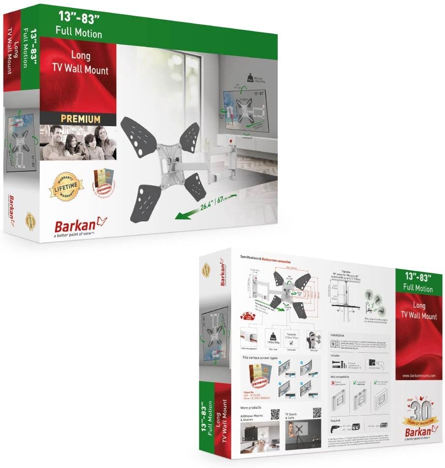 Barkan 3400LW 13"-86" Full Motion Articulating TV Wall Mount with Long Arm (White)