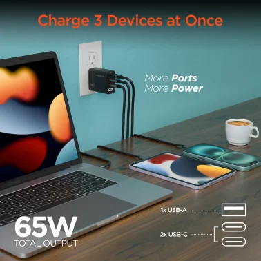 HyperGear® SpeedBoost 65-Watt 3-Port-USB GaN Charger with Display
