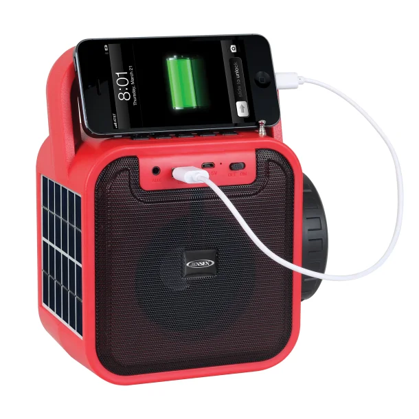 JENSEN JEP-175 Portable Rechargeable Bluetooth Speaker with FM Radio, Flashlight, Solar Panel, and USB Port