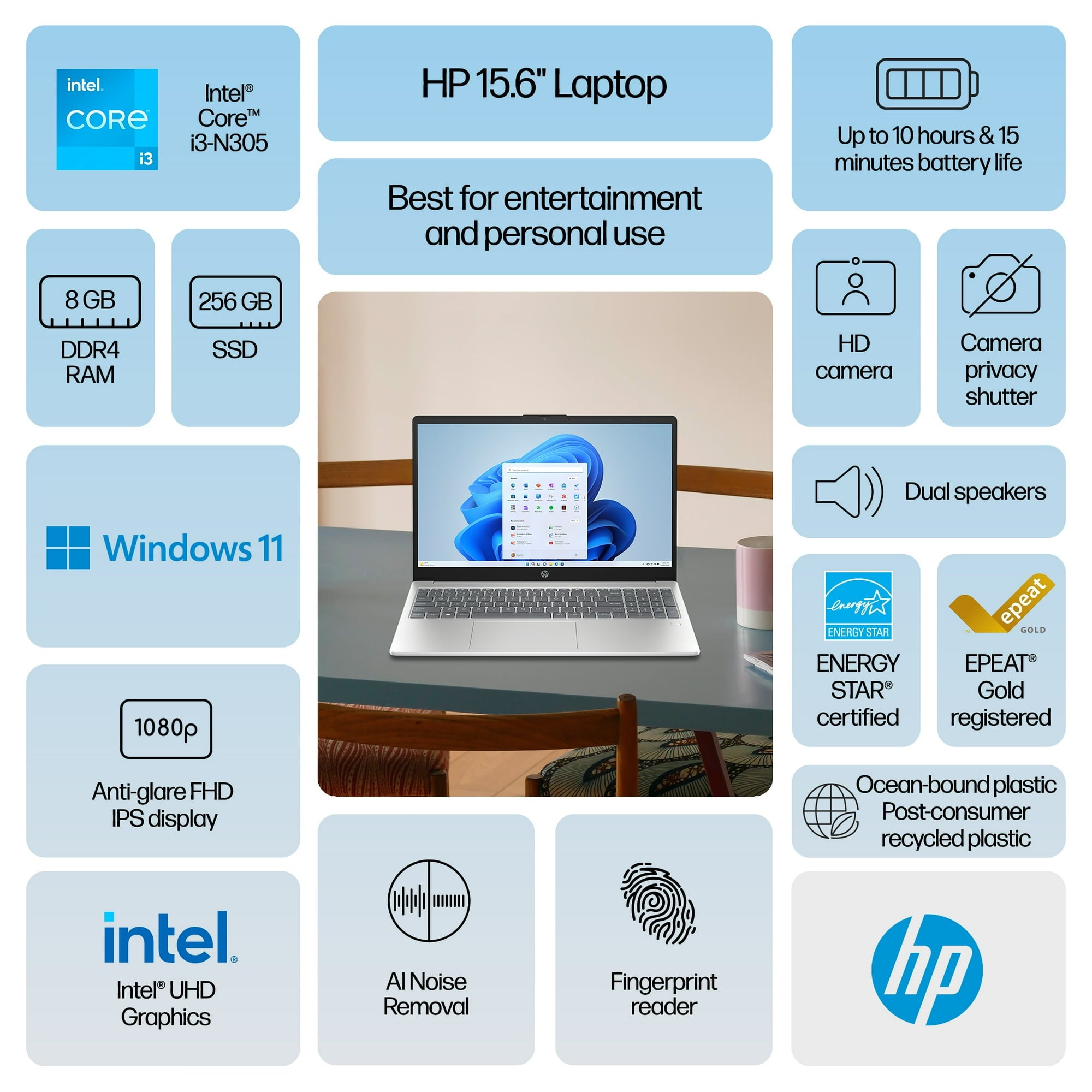 HP 15.6" FHD Windows Laptop (Intel Core i3 N305, 8GB Memory, 256GB Storage) (Natural Silver)