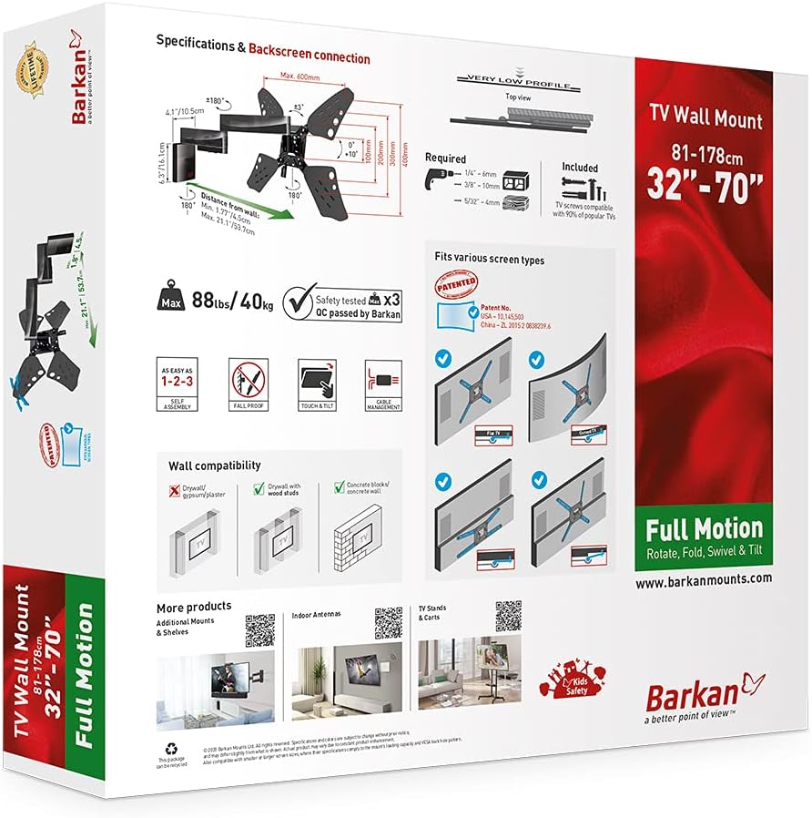 Barkan 3400F 32"-70" Full Motion Articulating Slim TV Wall Mount with Long Arm