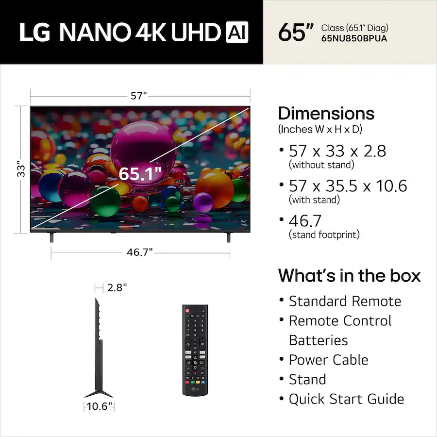 LG 65" NU85 4K Nano UHD AI Smart TV (2026)
