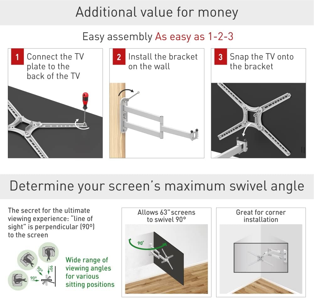 Barkan BM343XLW 13"-65" Full Motion Articulating TV Wall Mount with Xtra Long Arm (White)