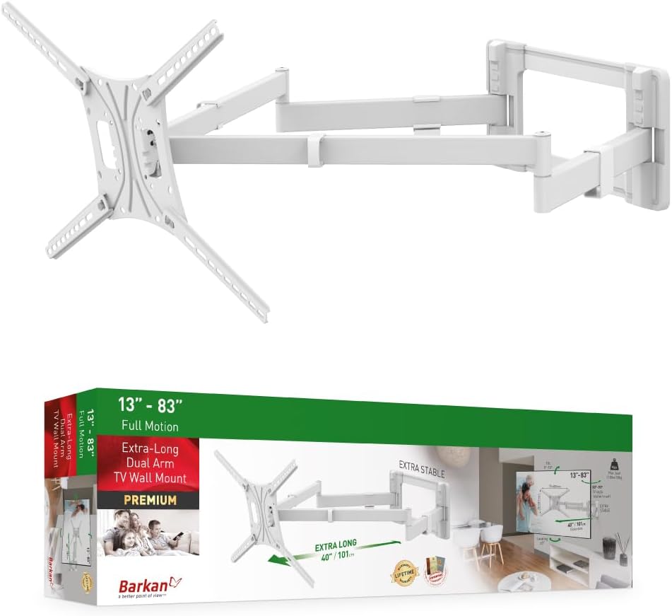 Barkan BM464XLW 13"-86" Dual Arm Full Motion Articulating TV Wall Mount with Xtra Long Arm (White)