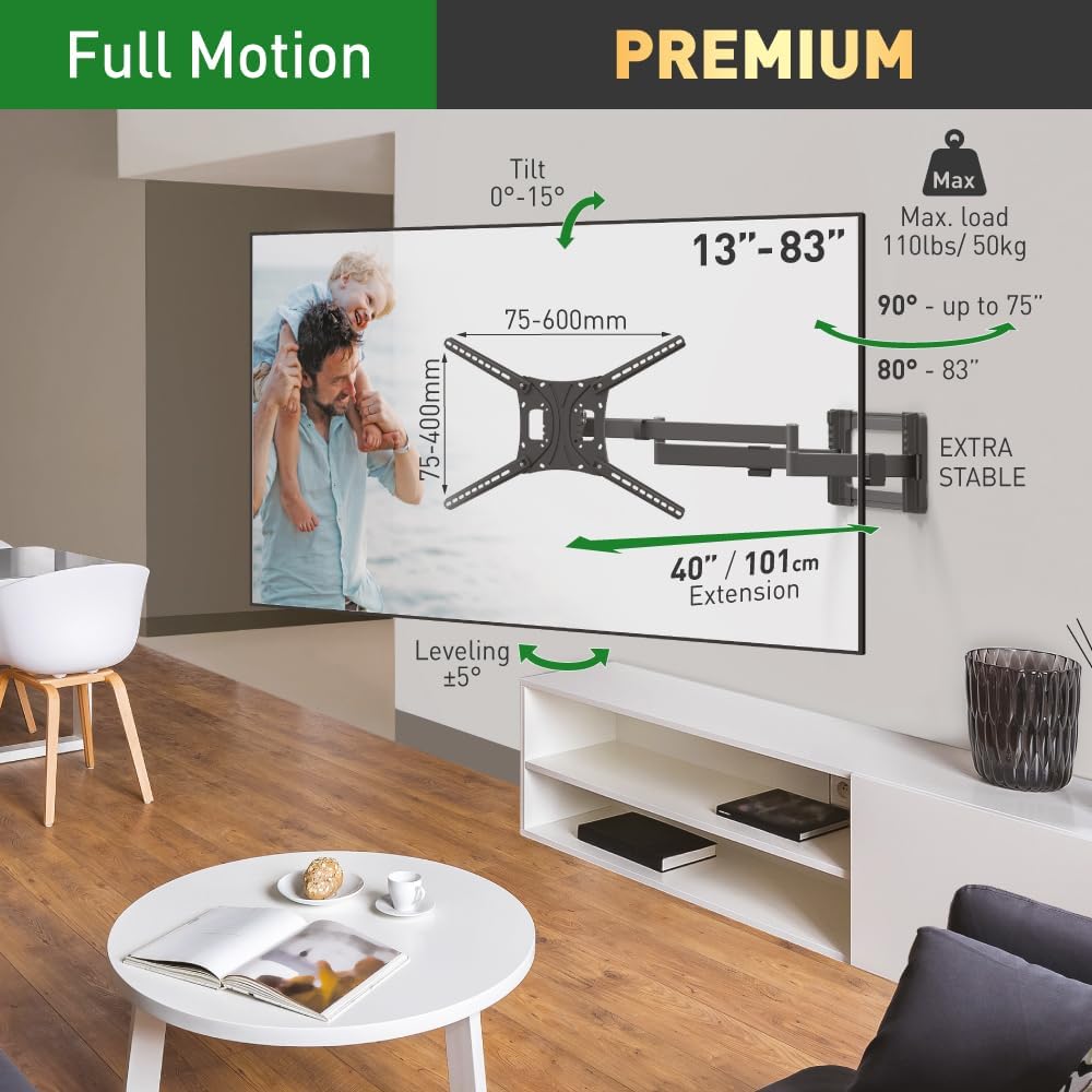 Barkan BM464XL 13"-86" Dual Arm Full Motion Articulating TV Wall Mount with Xtra Long Arm