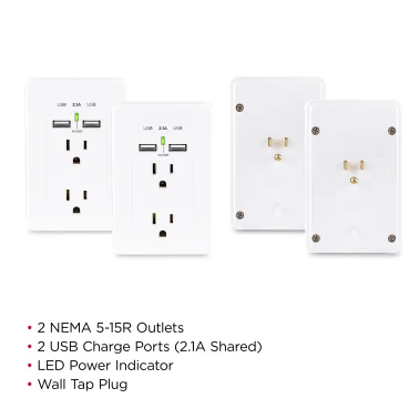 CyberPower MP18HO007 2-AC Outlet and 2-USB Port Grounded Wall Tap (2 Pack)