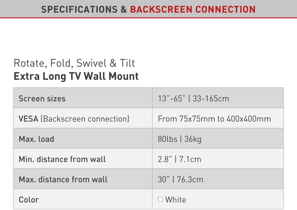 Barkan BM343XLW 13"-65" Full Motion Articulating TV Wall Mount with Xtra Long Arm (White)