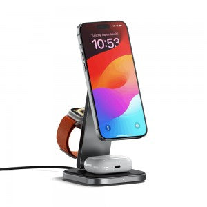 Satechi - 15W Foldable Qi2 Wireless 3 in 1 Charging Stand | Color: Space Gray | Travel Adapters Included: UK Plug & EU Plug