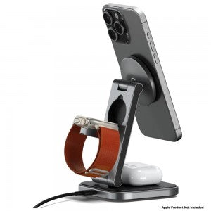 Satechi - 15W Foldable Qi2 Wireless 3 in 1 Charging Stand | Color: Space Gray | Travel Adapters Included: UK Plug & EU Plug