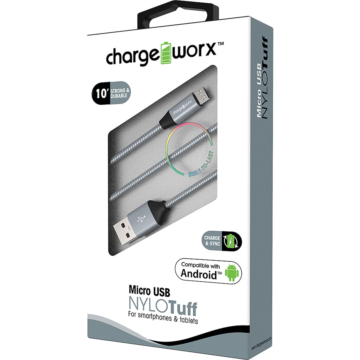 Chargeworx "NYLO" Tuff 10ft Micro USB Sync & Charge Cable (Silver)