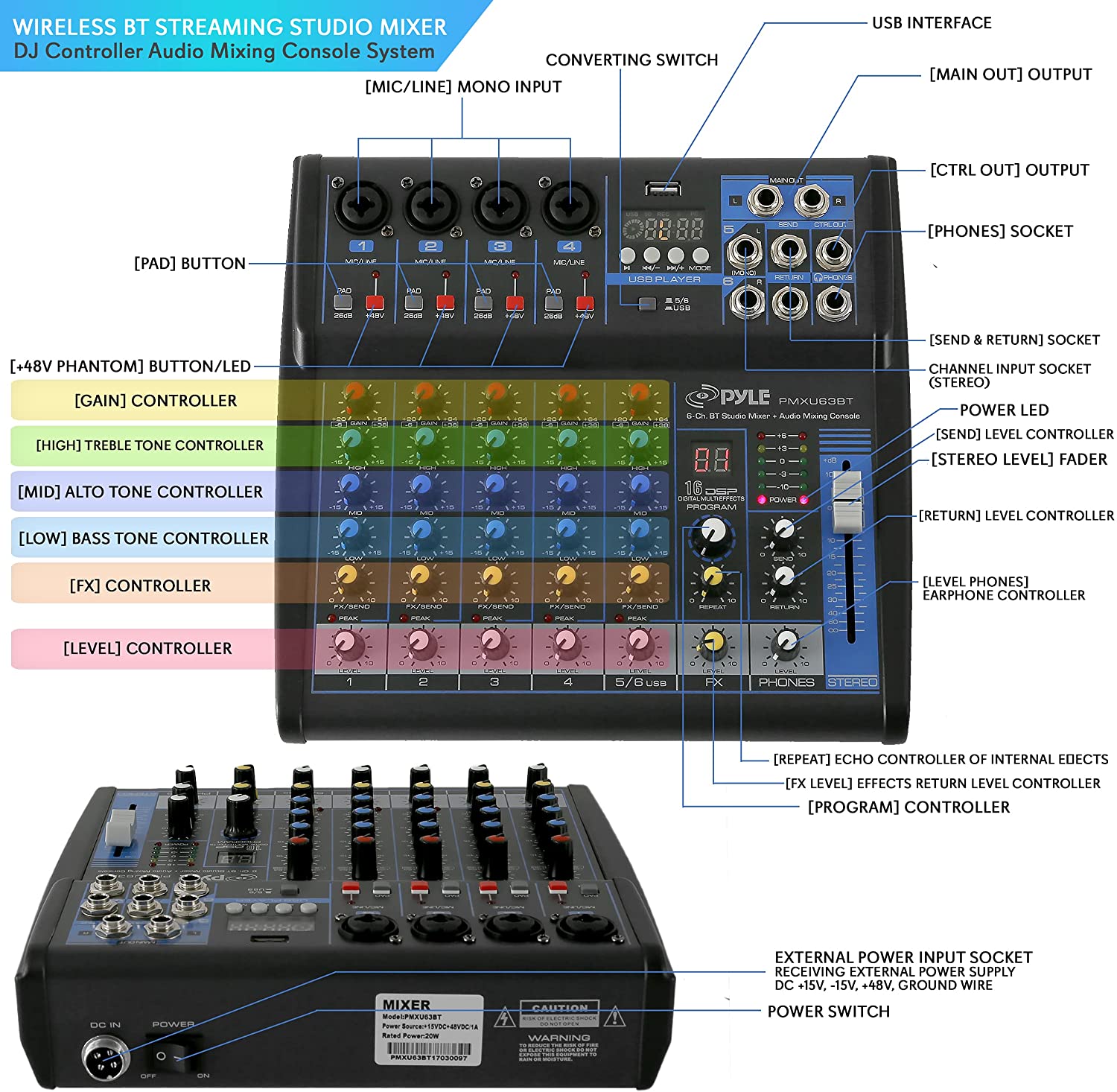 Pyle Bluetooth Pro Audio DJ Sound Mixer (6 Channels)