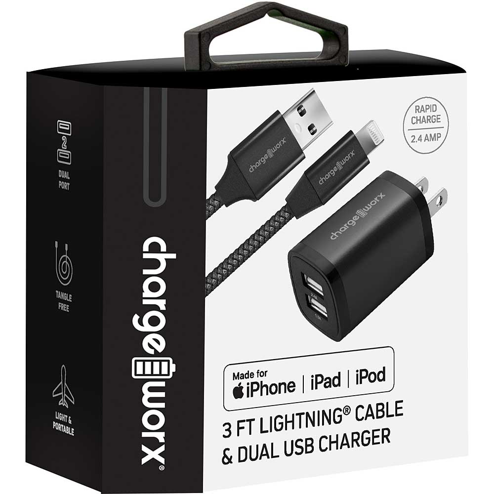 Chargeworx 2.4A Dual USB Charger & 3ft Lightning Cable