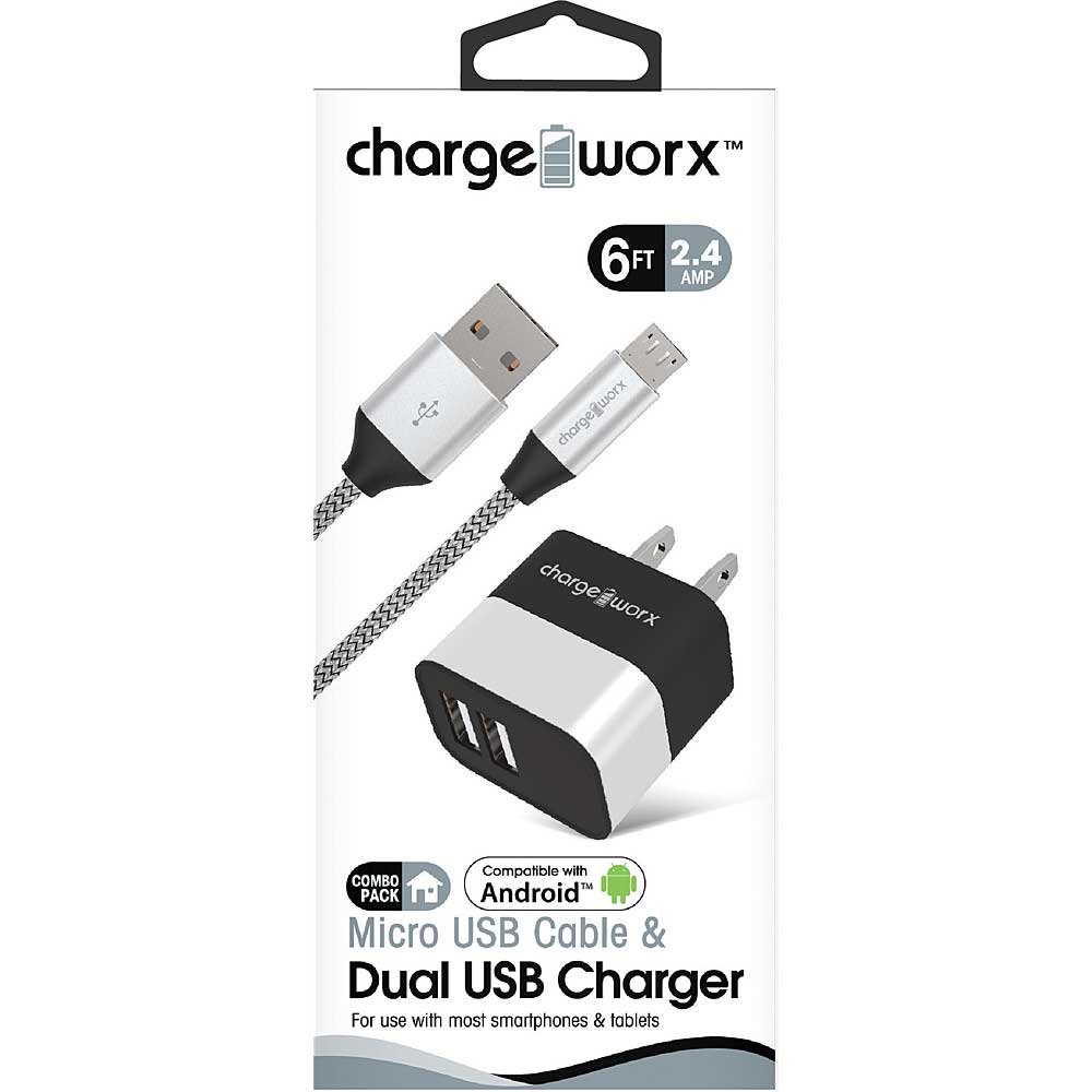 Chargeworx 2.4A Dual USB Metal Wall Charger & 6ft Micro USB Cable