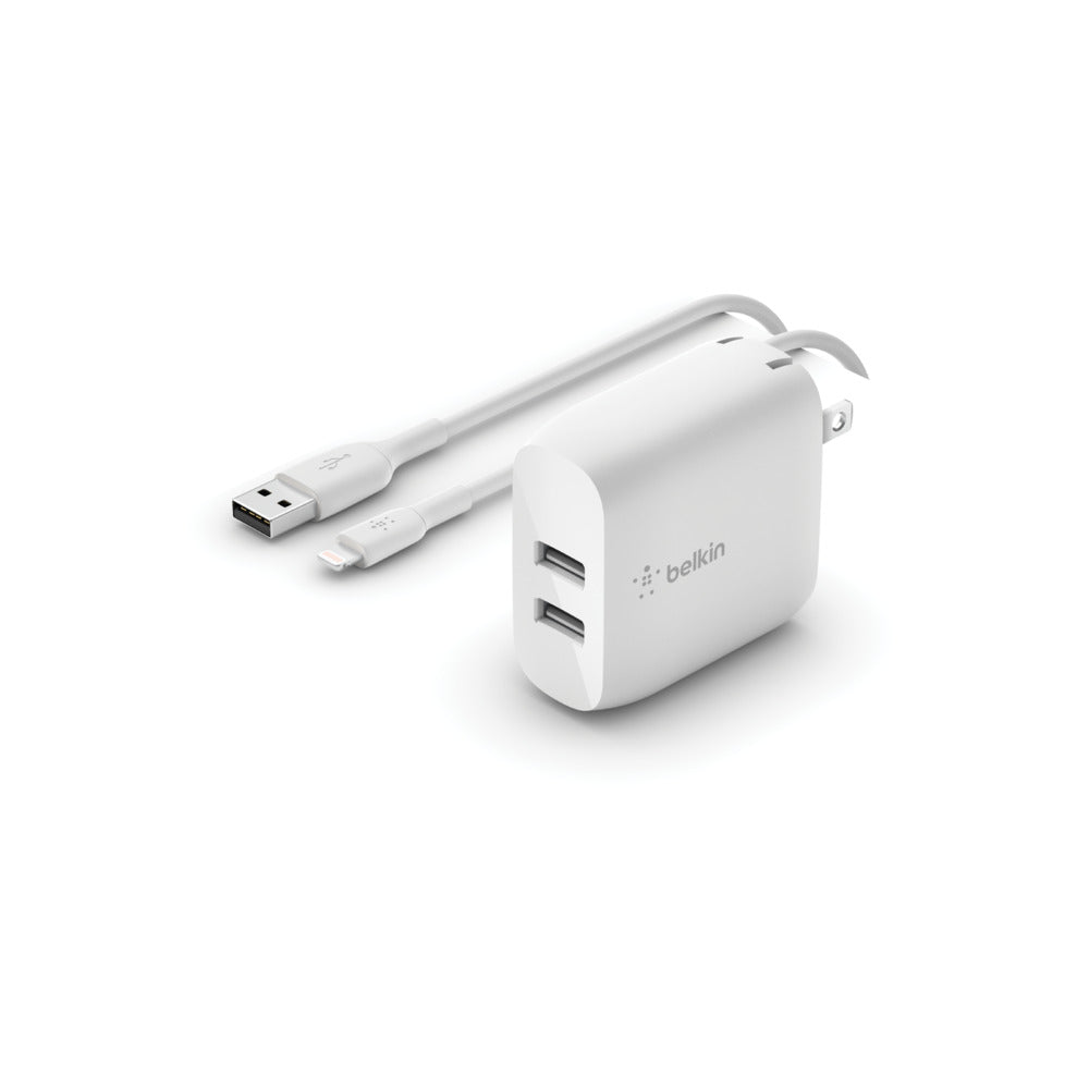 Belkin - Dual Port USB A 24W Wall Charger with Apple Lightning Cable 3ft - White