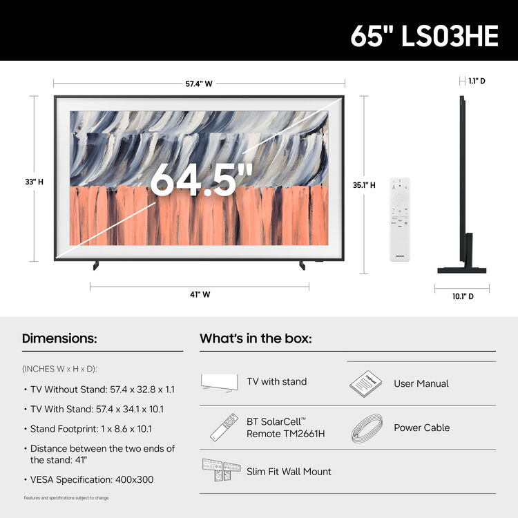 Samsung LS03HE The Frame 65" 4K HDR Smart QLED TV (2026)