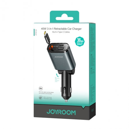 JOYROOM JR-CCL07 45W 3 in 1 Retractable Car Charger with Type-C Cable Dark Grey