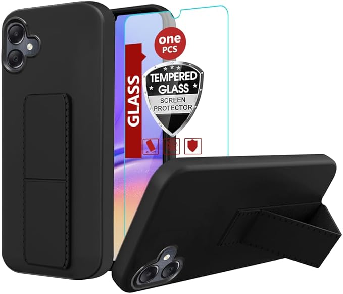Samsung Galaxy A05 2023 Phone Case, Stand Case with Tempered Glass Screen Protector Hide Folding Kickstand Silicone TPU Shockproof Protective Cover Case - Black
