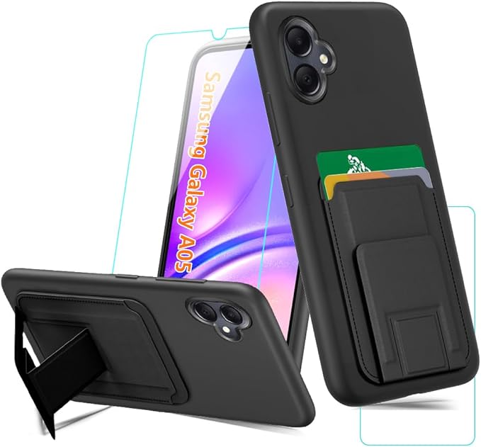 Samsung Galaxy A05 Phone Case with Tempered Glass Screen Protector, Folding Kickstand/Stand Wallet Card Holder/ Slots Silicone TPU Shockproof Protective Case - Black