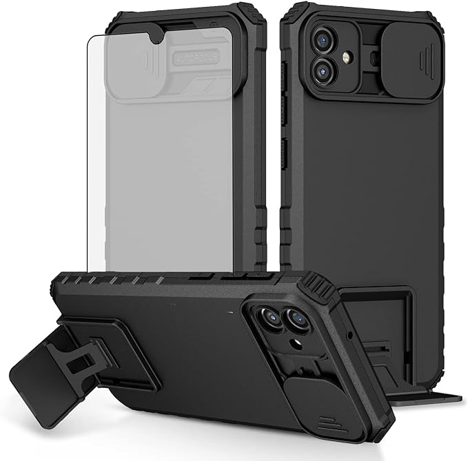 Asuwish Phone Case for Samsung Galaxy A04 with Tempered Glass Screen Protector and Slide Camera Cover Kickstand Stand Slim Protective Mobile Hard Hybrid Black