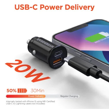 HyperGear® mini Dual 20-Watt PD USB-C® and 18-Watt USB Car Charger (Black)