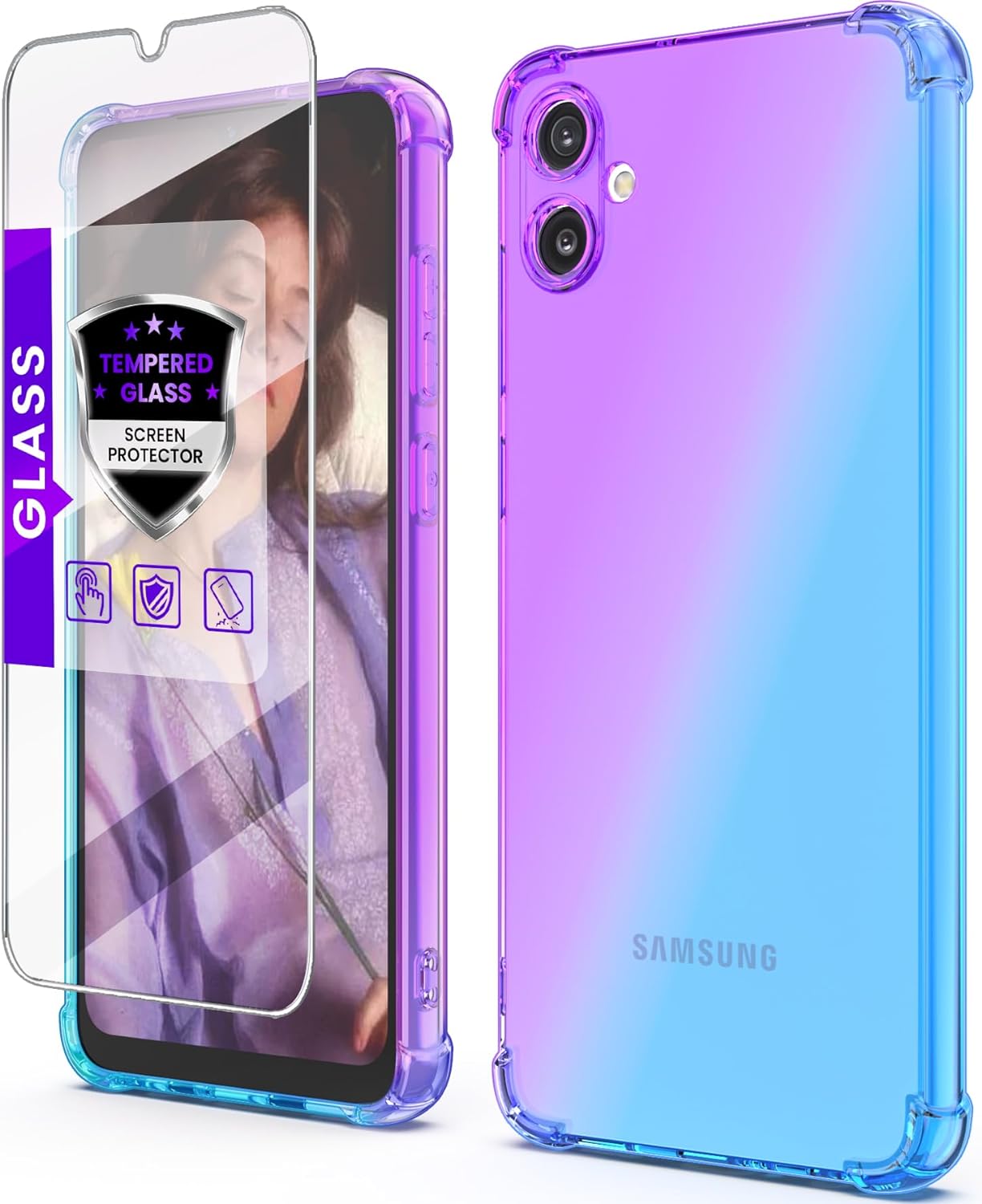 DagoRoo Samsung Galaxy A05 Case with Tempered Glass Screen Protector, Clear Gradient Slim Flexible -Blue Purple