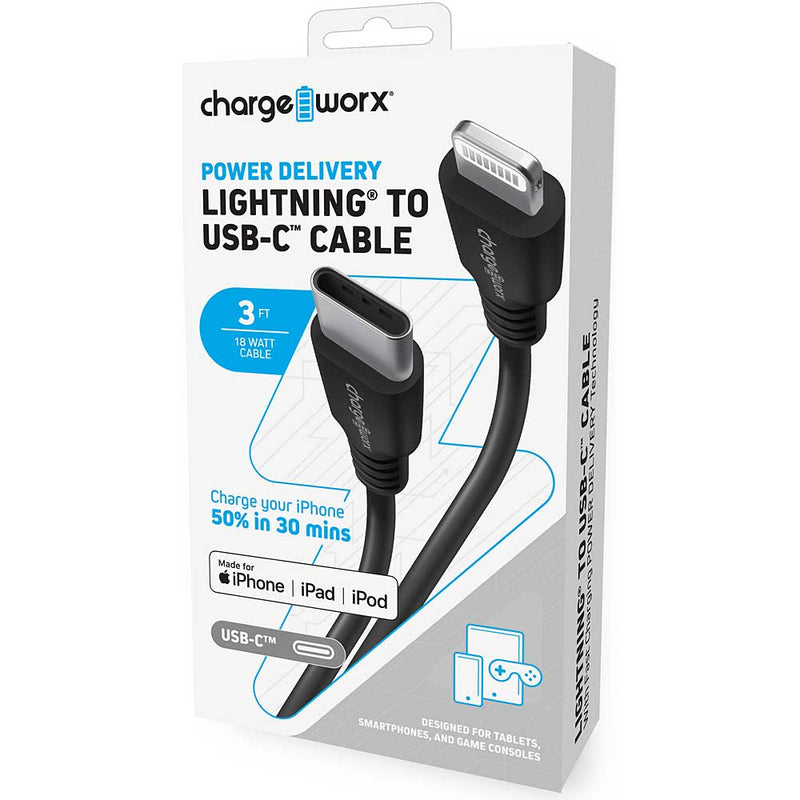 Chargeworx Power Delivery 3ft Lightning to USB-C Cable