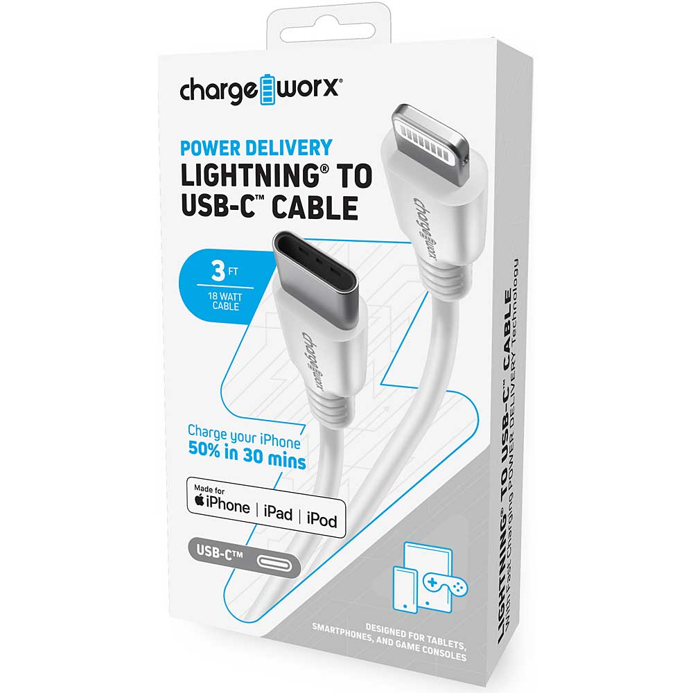 Chargeworx Power Delivery 3ft Lightning to USB-C Cable