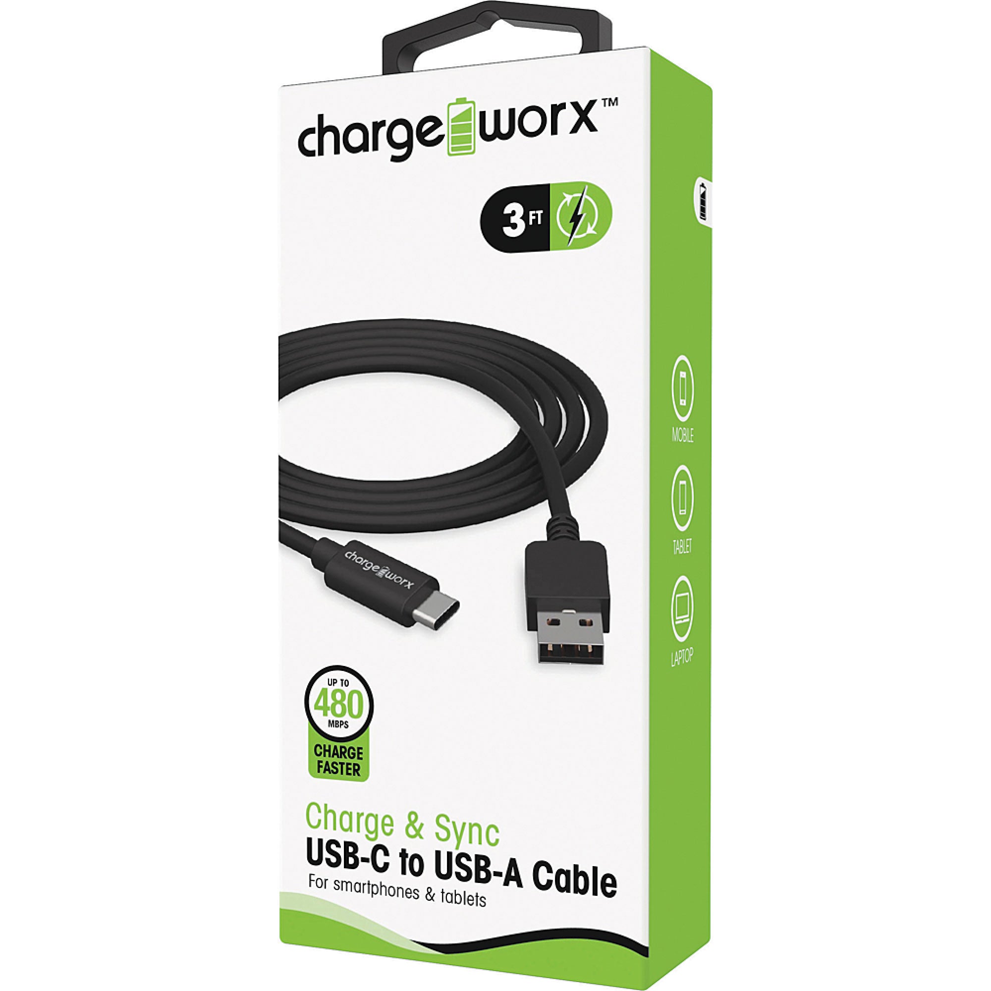 Chargeworx 3ft USB-C to USB-A Sync & Charge Cable