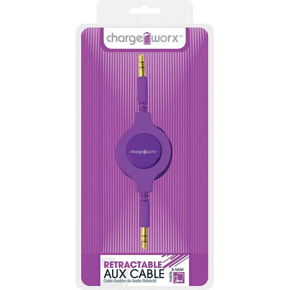 Chargeworx Retractable Auxiliary Audio Cable, Purple