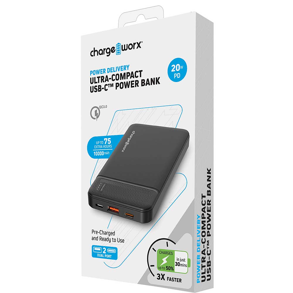 Chargeworx 10000mAh Compact USB-C Power Bank w/ Power Delivery & Quick Charge