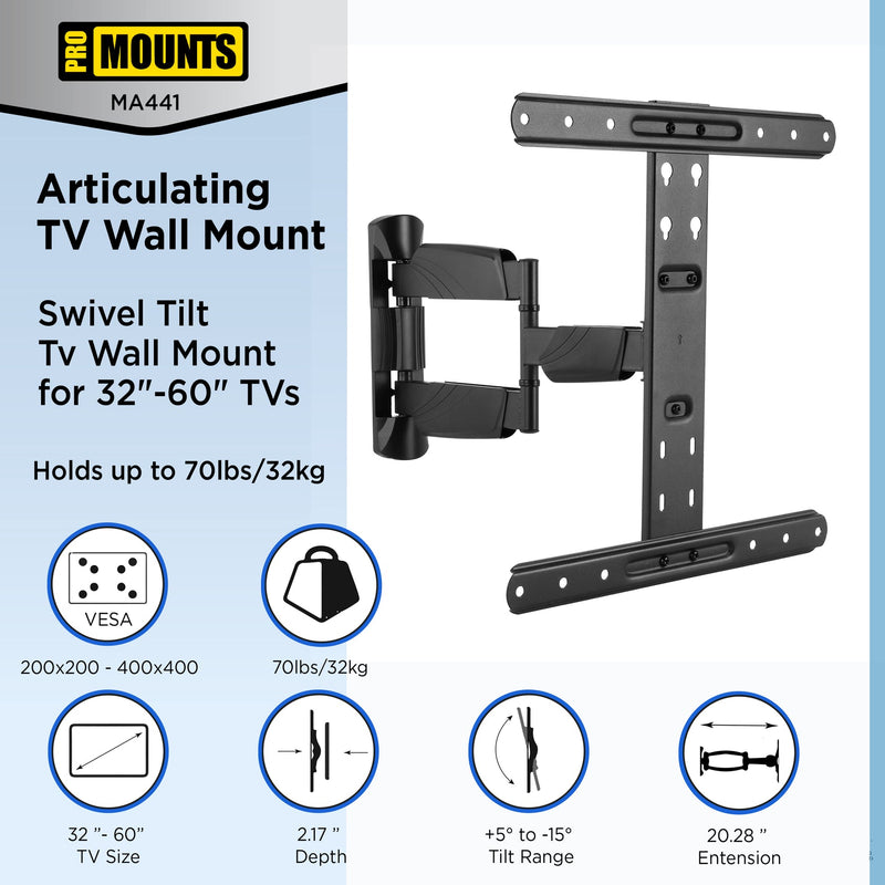 ProMounts MA441 Full Motion TV Wall Mount for 32”- 60” Screens