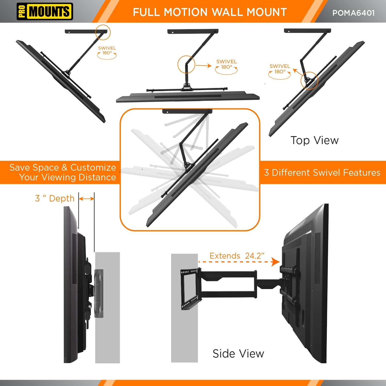 Promounts POMA6401 32-Inch to 75-Inch Large Outdoor Articulating TV Wall Mount with Extendable Arm
