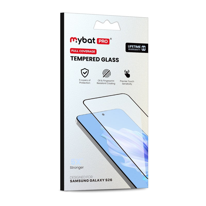 MyBat Pro Full Coverage Tempered Glass Screen Protector (Fingerprint Unlock) for Samsung Galaxy S26 - Black