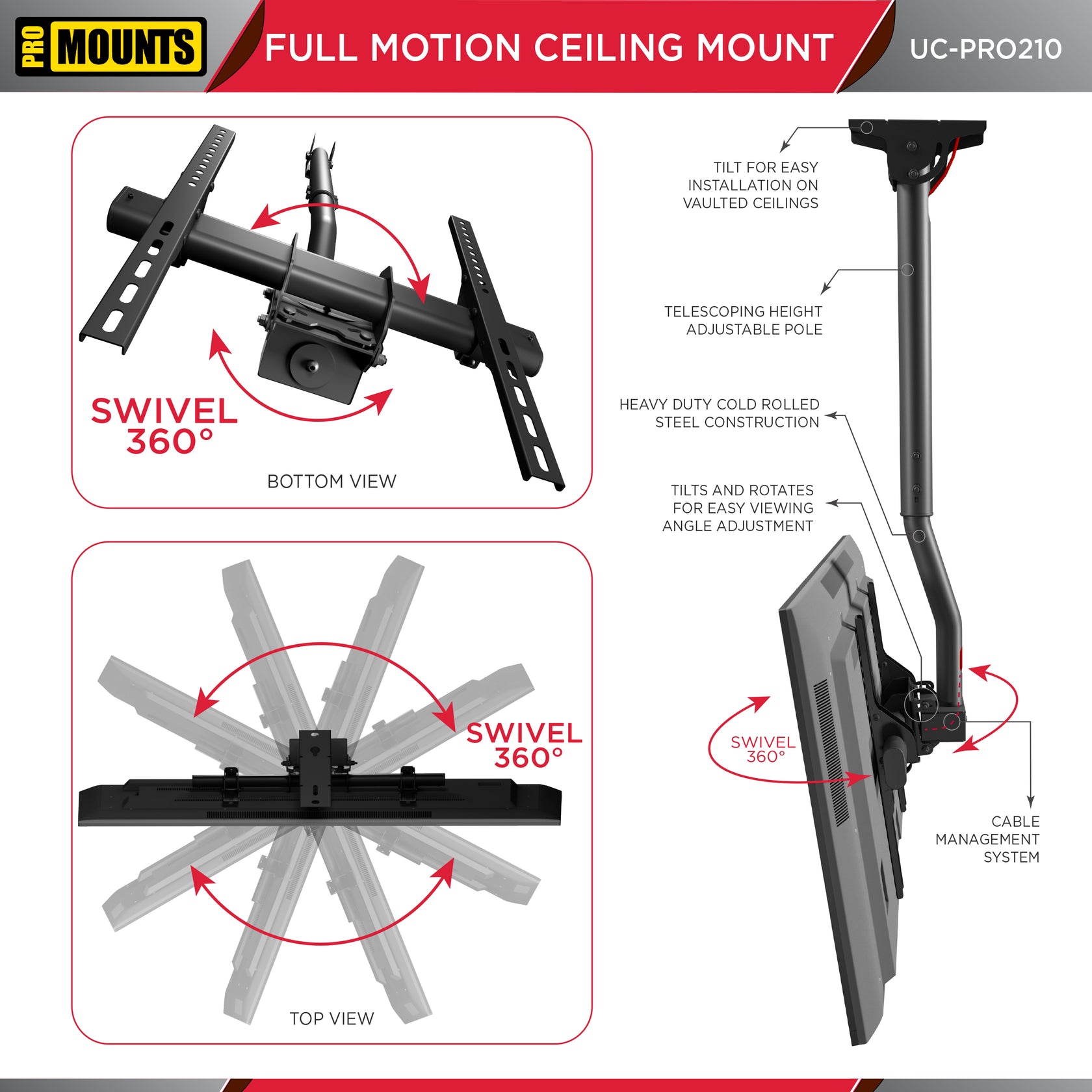 Promounts UC-PRO210 Small Articulating / Full Motion TV Ceiling Mount