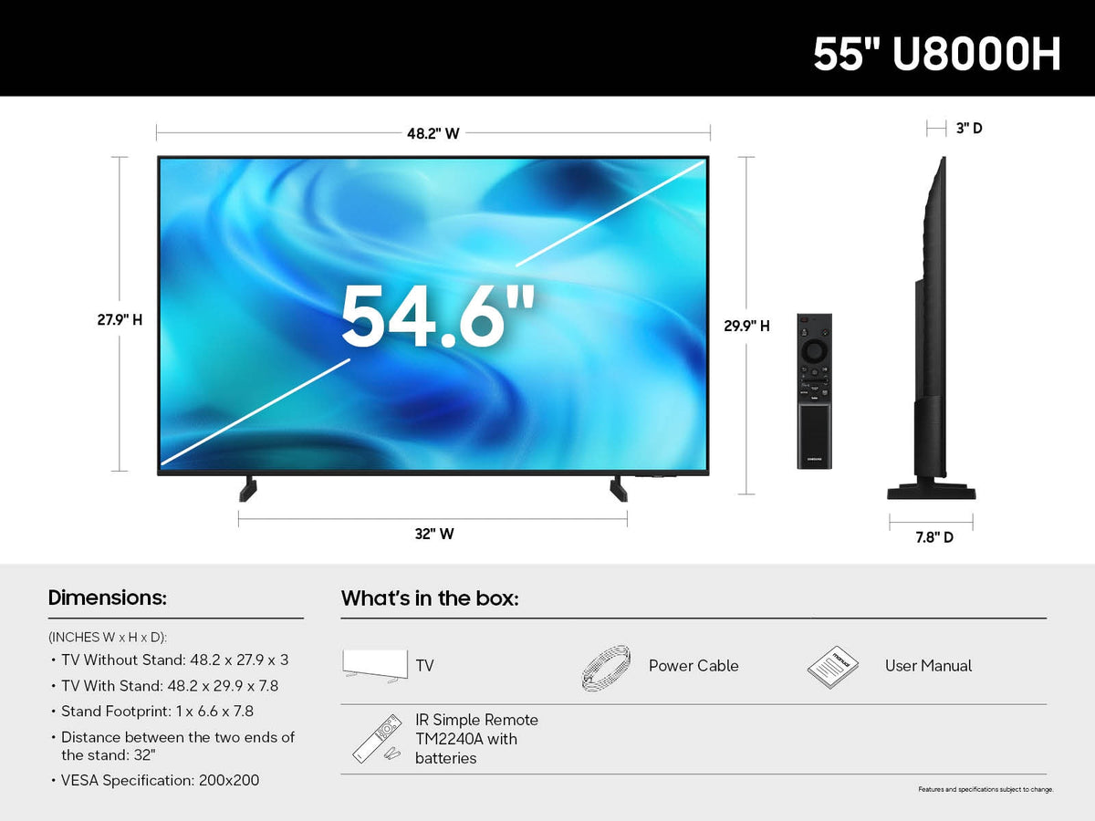Samsung U8000H Series 55" 4K HDR Crystal UHD AI Smart LED TV (2026)