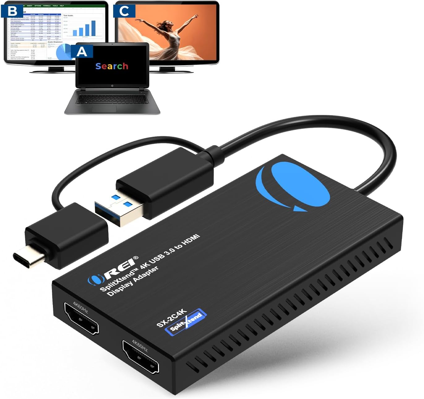 OREI SplitExtend 4K HDMI Splitter Extended Display for Dual Monitor