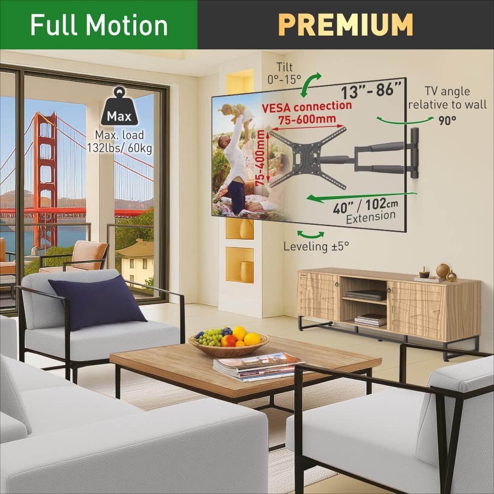 Barkan BM443XL 13"-86" Full Motion Articulating TV Wall Mount with Xtra Long Arm