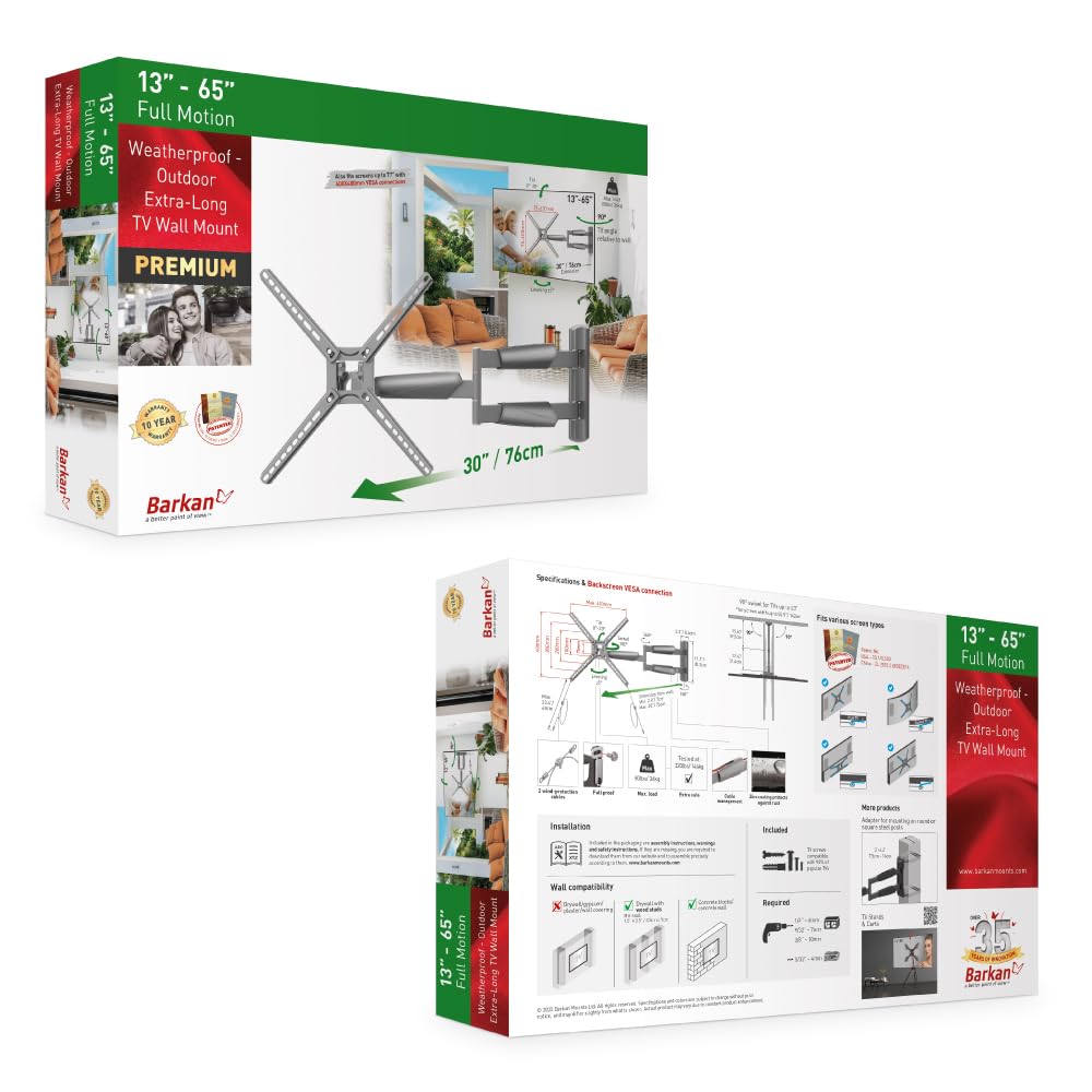 Barkan BM343XLOD 13"-65" Full Motion Articulating Outdoor TV Wall Mount with Xtra Long Arm