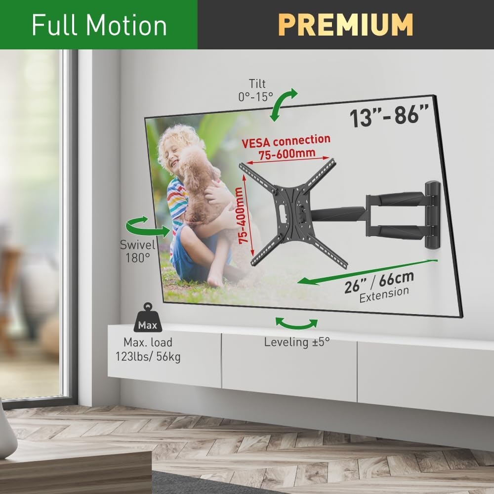 Barkan BM443LP 13"-86" Full Motion Articulating TV Wall Mount with Long Arm