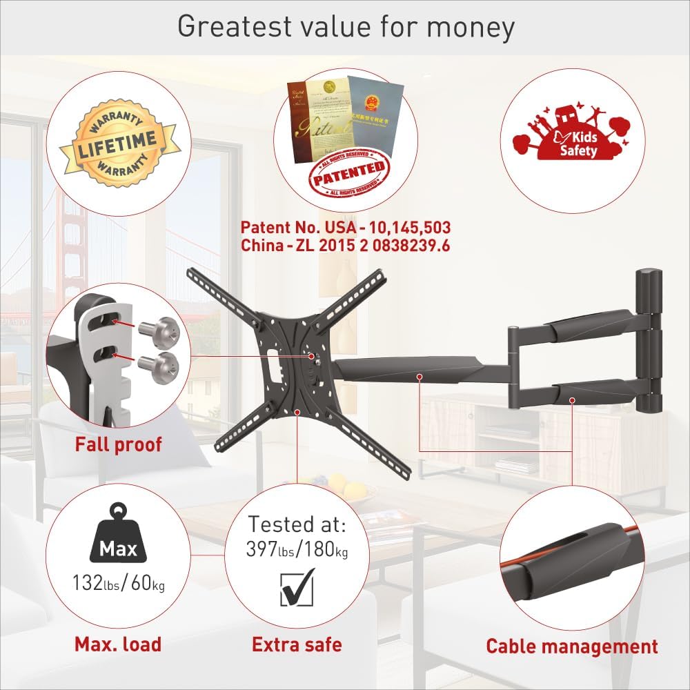 Barkan BM443XL 13"-86" Full Motion Articulating TV Wall Mount with Xtra Long Arm