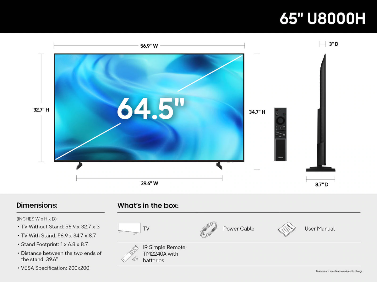 Samsung U8000H Series 65" 4K HDR Crystal UHD AI Smart LED TV (2026)