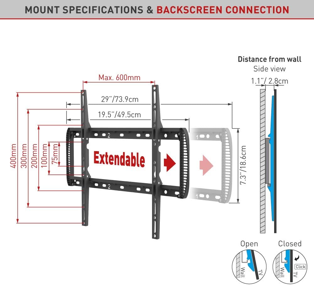Barkan BM400T 13"-90" Extendable Auto Locking Fixed TV Wall Mount