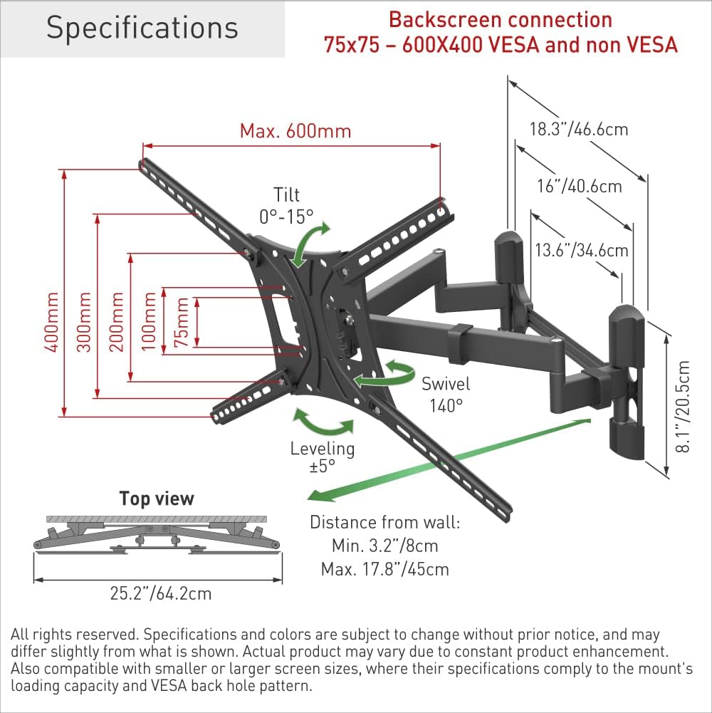 Barkan BM464 13"-90" Dual Arm Full Motion Articulating TV Wall Mount