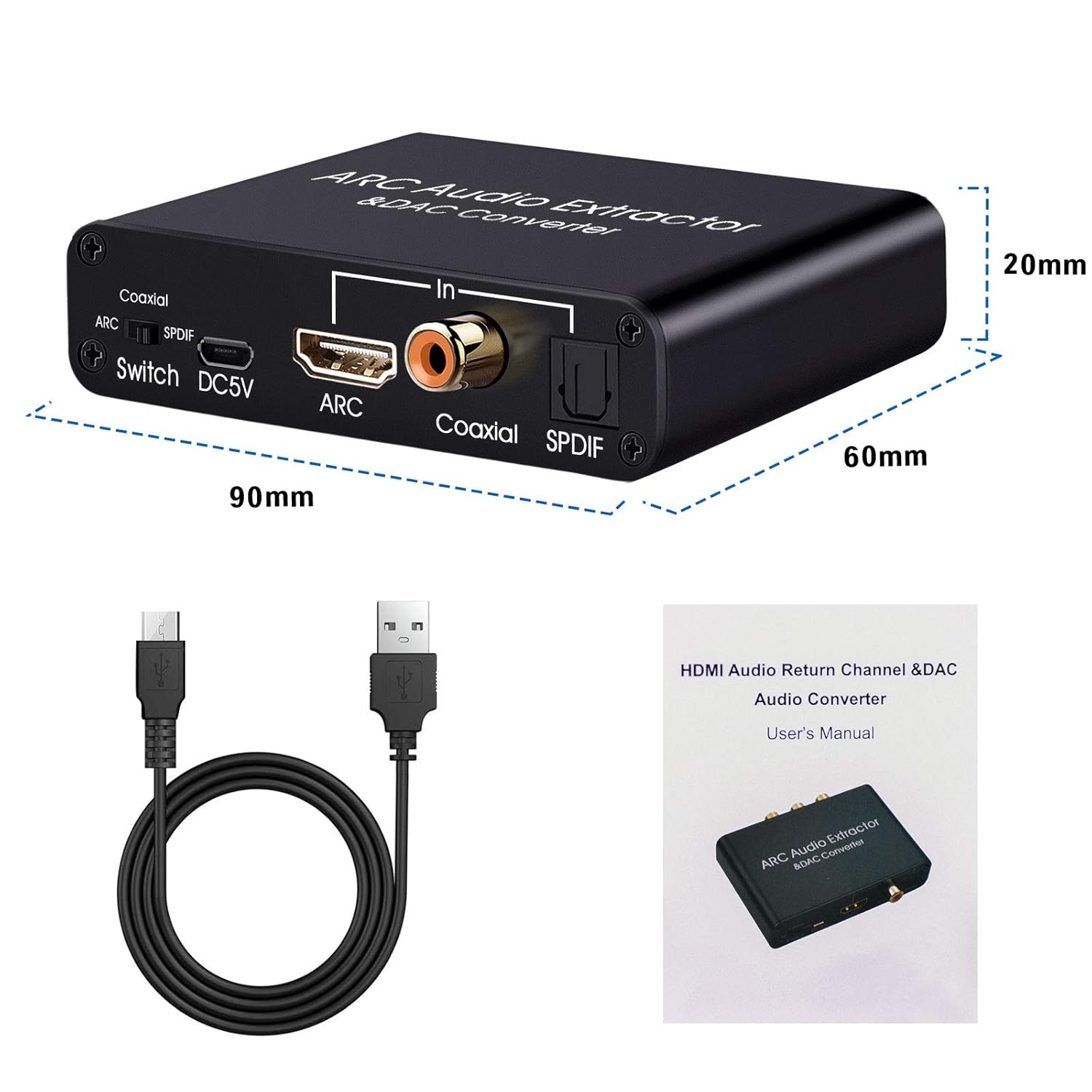 Tendak HDMI ARC Audio Extractor - Digital to Analog Audio Converter with HDMI ARC, SPDIF/Optical, 3.5mm Jack & Stereo L/R Outputs for TV