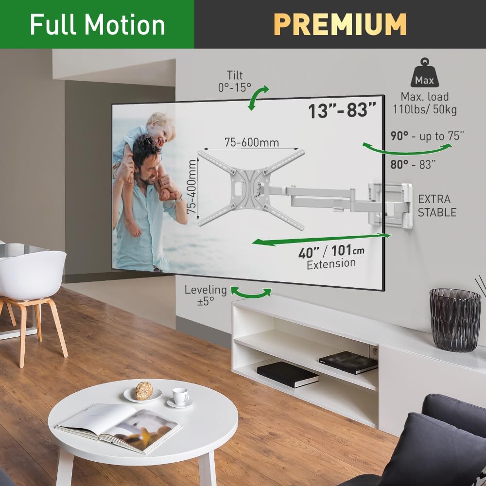 Barkan BM464XLW 13"-86" Dual Arm Full Motion Articulating TV Wall Mount with Xtra Long Arm (White)