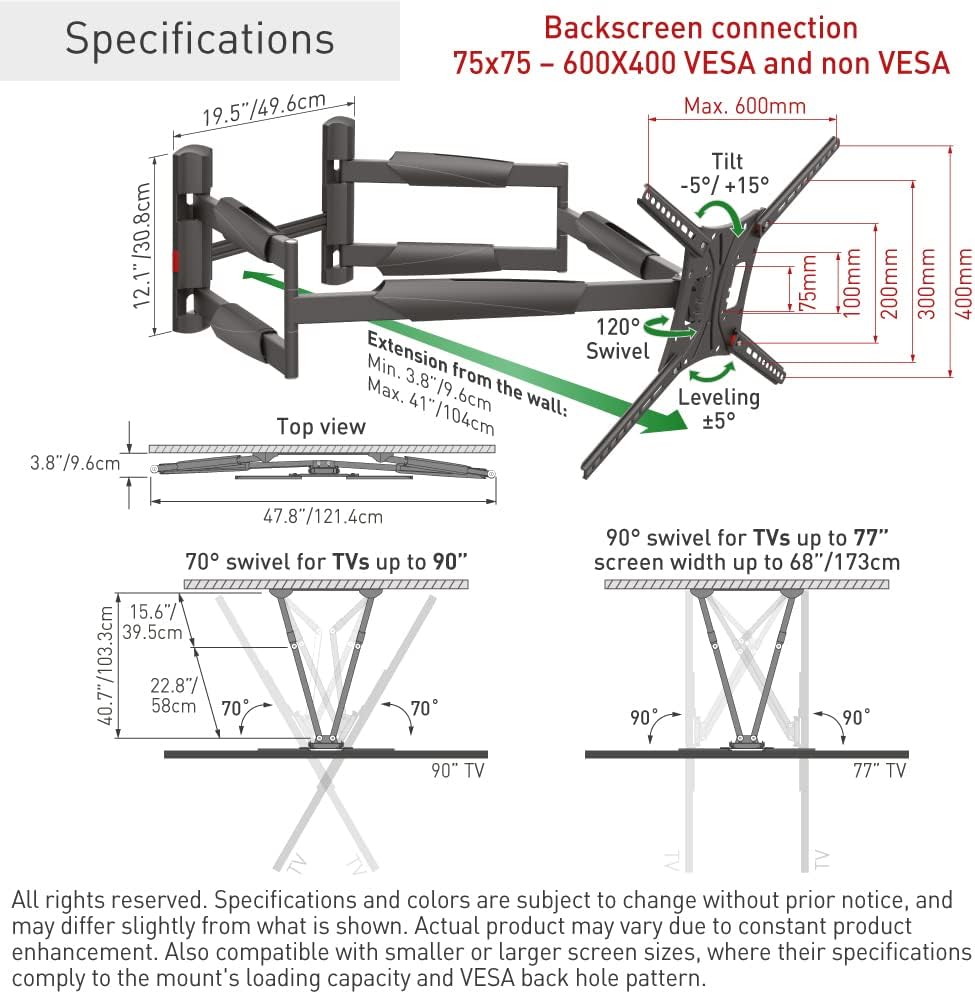 Barkan BM466XP 13"-90" Dual Arm Full Motion Articulating TV Wall Mount with Xtra Long Arm