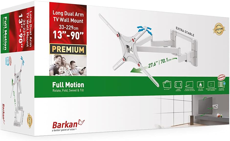 Barkan BM464LW 13"-90" Dual Arm Full Motion Articulating TV Wall Mount with Long Arm (White)