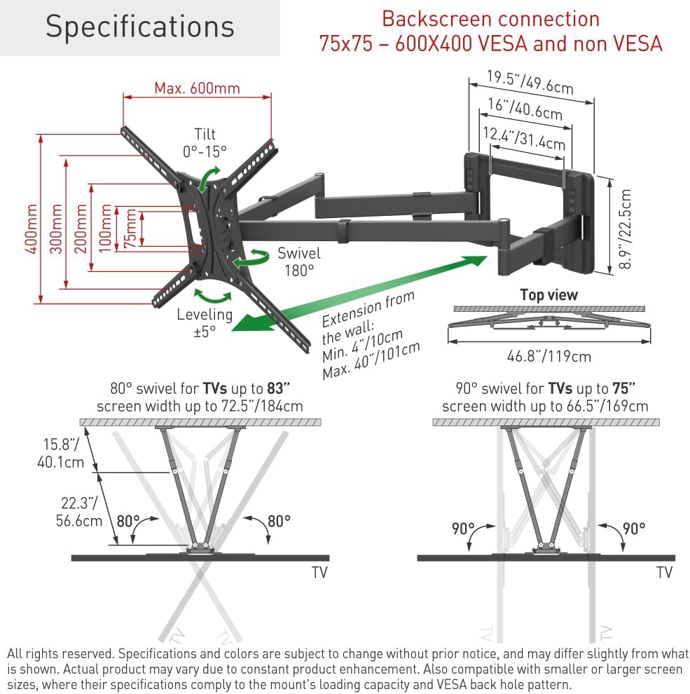 Barkan BM464XL 13"-86" Dual Arm Full Motion Articulating TV Wall Mount with Xtra Long Arm
